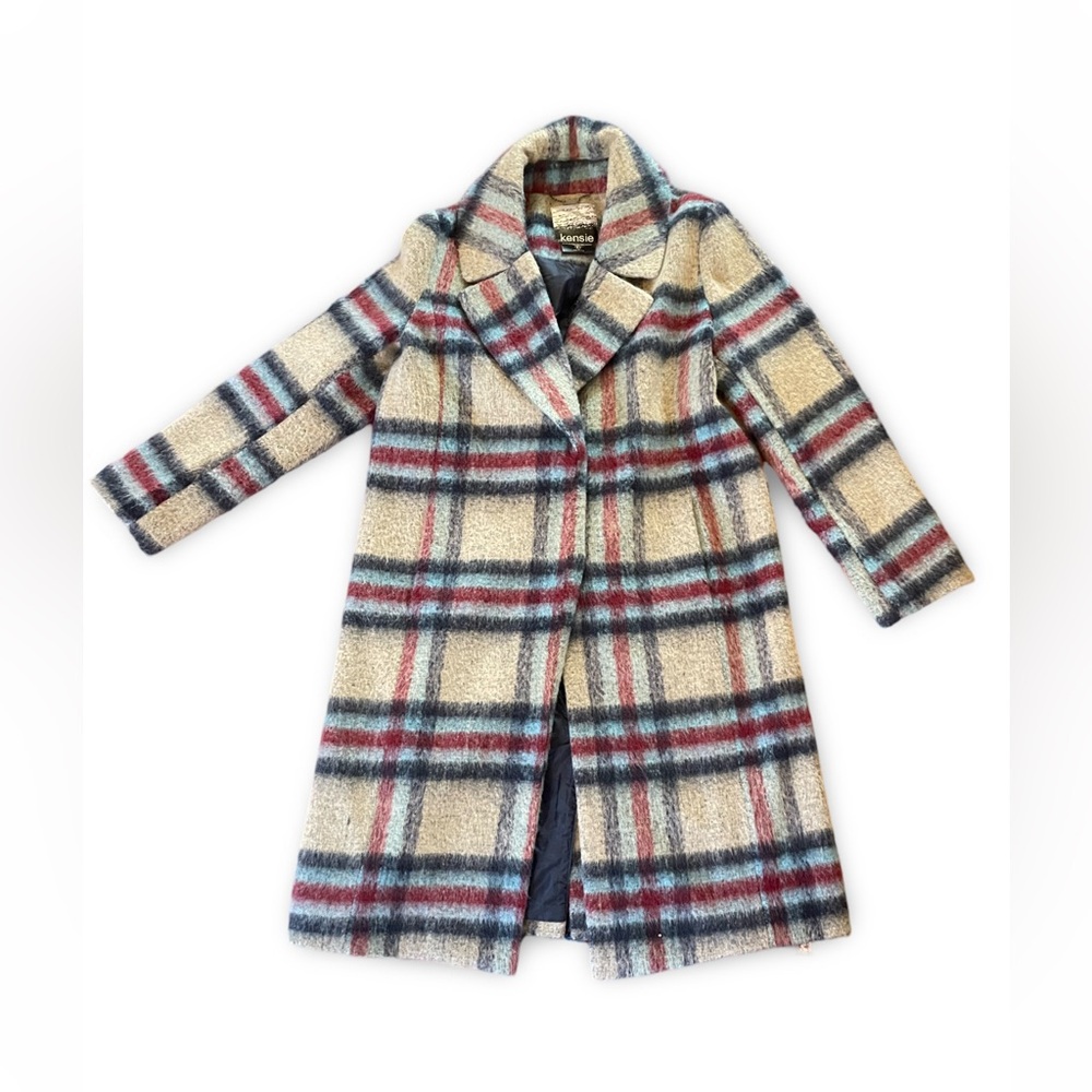 Kenzie Plaid Fuzzy Knit Trench Coat L